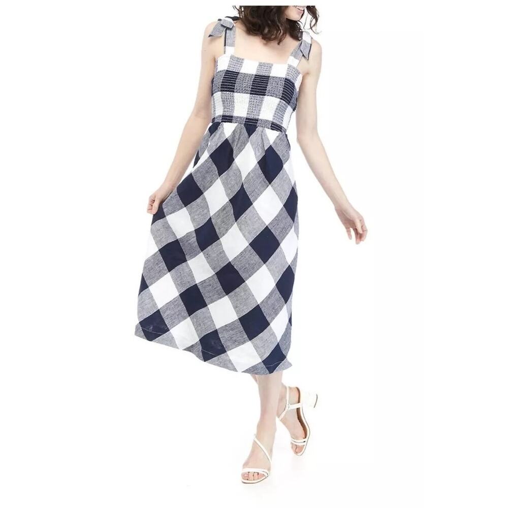 [Crown & Ivy] Navy Blue White Plaid Linen Midi Dress Tie Straps NWT Size Large L